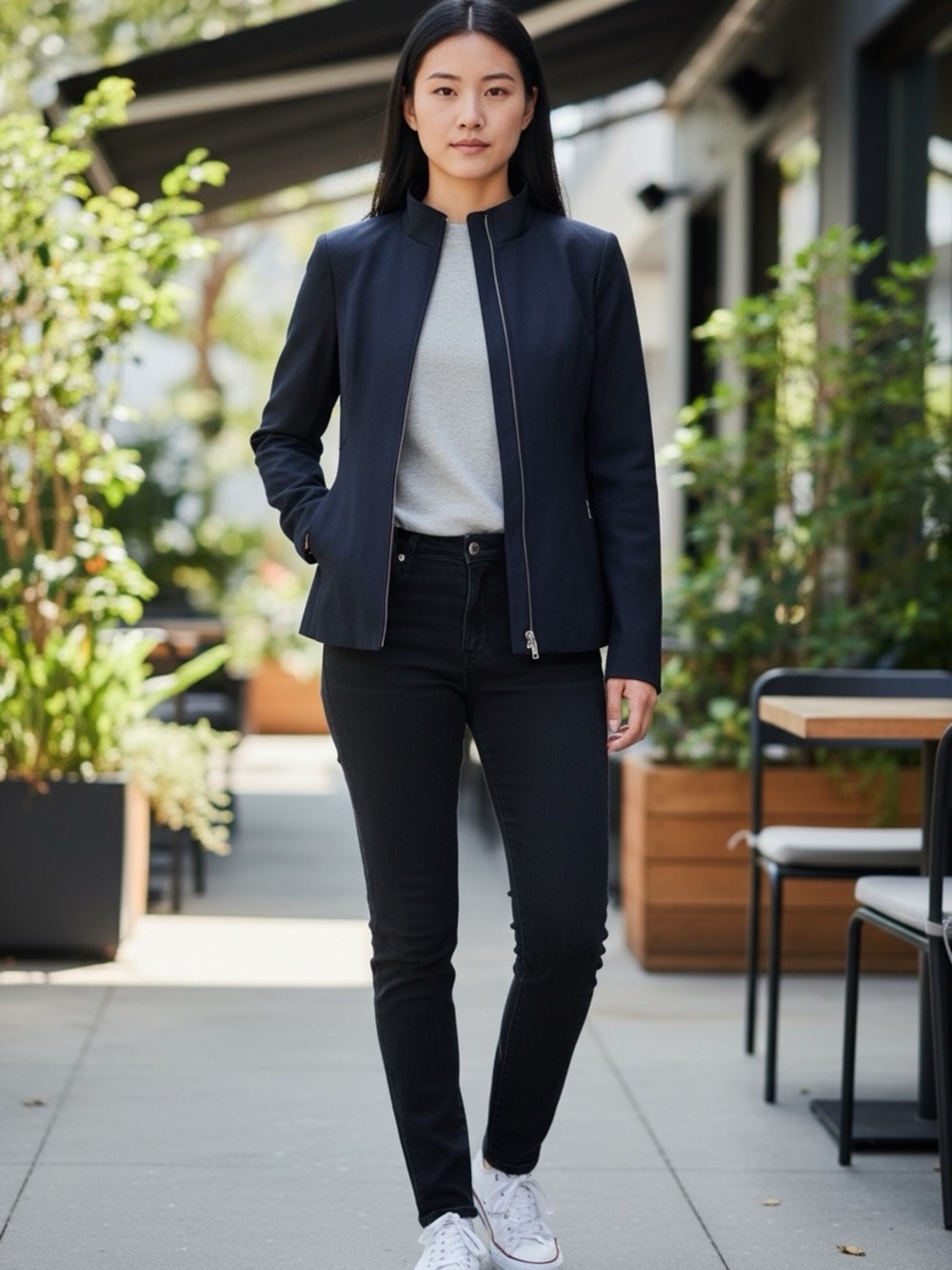 Escada Navy Blue tailored zip front jacket will blend size 38
